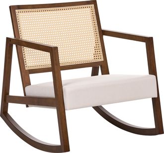 Beliani Sill&oacute;n Mecedora Tapizado Respaldo Con Trenza Vienesa Estilo Escandinavo Estructura De Madera De Caucho Tela Marr&oacute;n Y Beige Claro Leidy