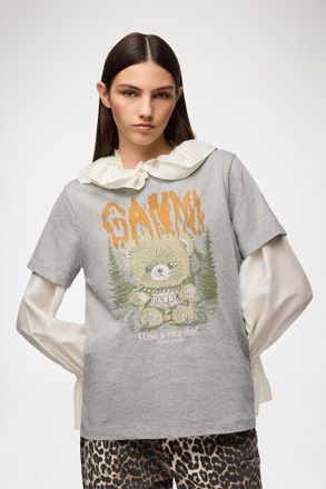 Ganni Grey T-shirt with Forest Teddy - Size XXS Organic Cotton
