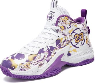 Generic Unisex Breathable Basketball Shoes Anti Slip Wear-Resistant Sports Boots with Grip Walking Shoes(White Purple,5.5 UK)