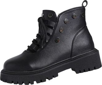 Generic Winter Boots for Women Faux Fur Lined Biker Booties Stylish Retro Flat Low Heel Side Zipper Comfortable Warm Lace Up Ankle Boots for Cold Weather