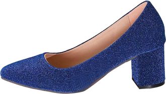 Generic Elegant Shimmering High Heels with Textured Pointed Toe Block Heel - Perfect for Festive Occasions, blue, 2/2.5 UK