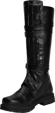 Generic Mens Flat Heel Knee High Boots PU Leather Combat Long Boots Round Toe Cosplay Boot with Side Zipper,Black,5.5 UK