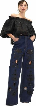 Cynthia Rowley Embroidered Wide-leg Jean in Navy/black at Nordstrom, Size 2626