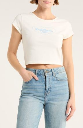 PacSun Embroidered Heart Shimmer Crop T-Shirt in Cream at Nordstrom, Size Medium