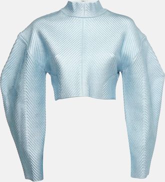 H&eacute;rve L&eacute;ger Blue Textured Lurex Knit Mock Neck Sweatshirt