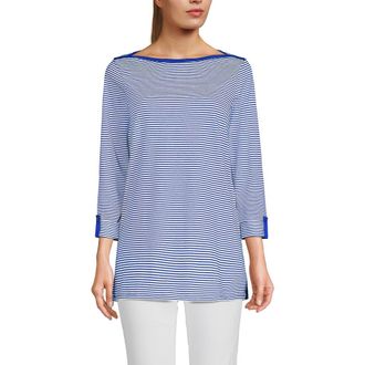Lands End Supima Cotton Adjustable 3/4 Sleeve Boatneck Tunic in Cobalt/ivory Micro Stripe at Nordstrom, Size X-Large P