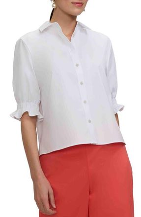 Foxcroft Vivienne Elbow Sleeve Matte Sateen Button-Up Shirt in White at Nordstrom, Size X-Large