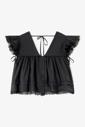 Ganni Black Blouse in Linen - Size 10/12