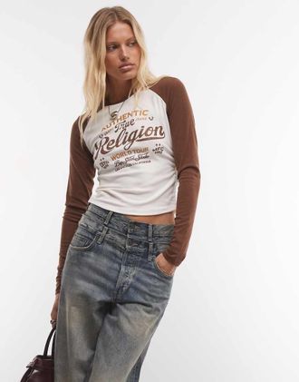 True Religion top a maniche lunghe raglan con logo grafico in cristalli bianco/marrone