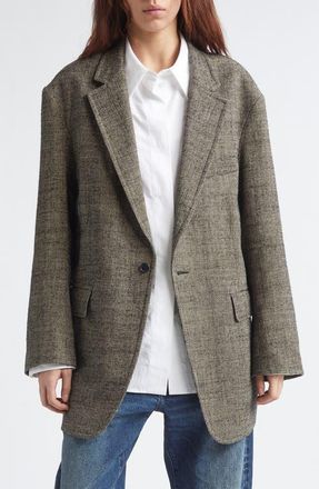R13 Oversize Ragged Houndstooth Linen & Virgin Wool Blazer in Khaki Black Mini Houndstooth at Nordstrom, Size X-Large