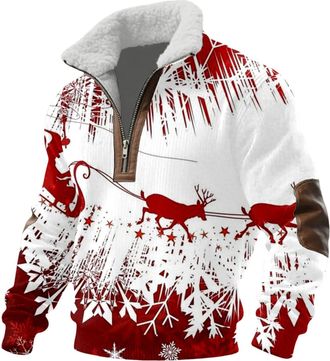 Generic Mens Christmas Jumper 1/4 Zip Ugly Xmas Sweatshirt Novelty Reindeer Snowflakes Printed Funny Festive Holiday Xmas Pullover Fancy Dress Costume Jumpers