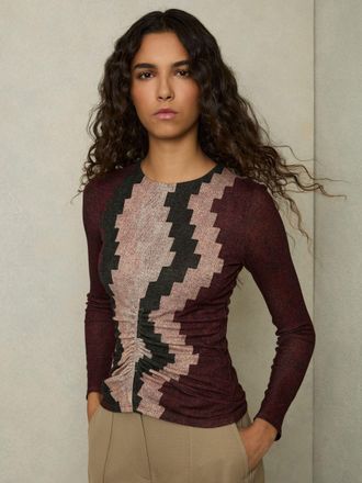 Reiss Burgundy Printed Ruched Top With Wool, 10