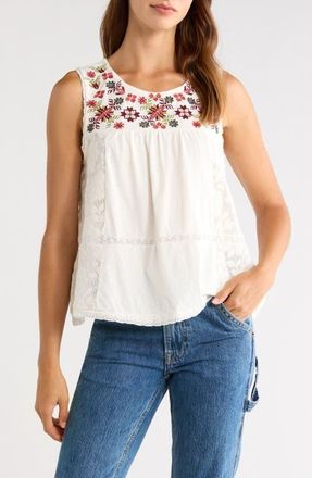 Lucky Brand Embroidered Yoke Cotton Tank in Cream at Nordstrom, Size Xx-Large