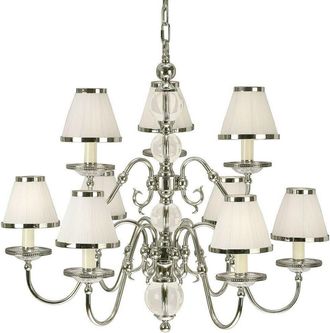 Loops Flemish Ceiling Pendant Chandelier Polished Nickel & White Shades 5 Lamp Light