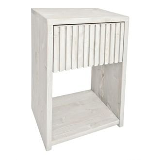 NATYAL Mesita de noche de madera con caj&oacute;n alistonado blanco envejecido 40cm