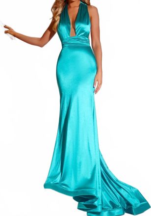 Jovani Elegant Satin One Shoulder Gown With Draped Back In Aqua