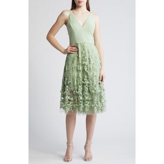 Dress The Population Darleen V-Neck Embroidered Mesh Cocktail Dress in Sage at Nordstrom, Size Xx-Small
