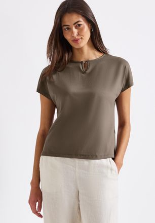 Street One Shirttop STREET ONE, Damen, Gr. 34, beige (schwarz tumbled beige), Obermaterial: 95% Viskose, 5% Elasthan, unifarben, regular fit taillenbedeckt, U-Bo