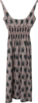 Emilia Wickstead Giovanna Floral Printed Smocked Waist Midi Dress in Pink Cotton