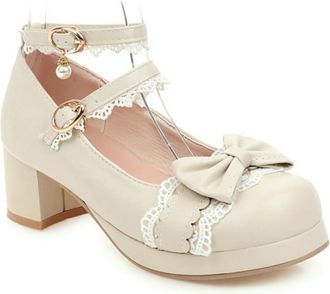 Generic Womens Sweet Lolita Heels Bow & Double Ankle Strap Pumps Block Heel Platform Dress Party Shoes,Beige,6.5 UK