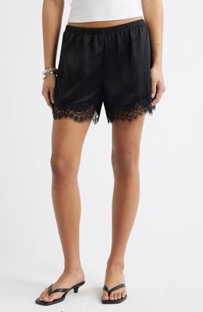 Open Edit Lace Trim Satin Shorts in Black at Nordstrom, Size Xx-Small