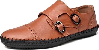 Generic Mens Mens Loafers Genuine Leather Cap Toe Stitching Details Round Toe Monk Strap Slip Resistant Flat Heel Comfortable Lightweight Wedding Slip-ons(Lig