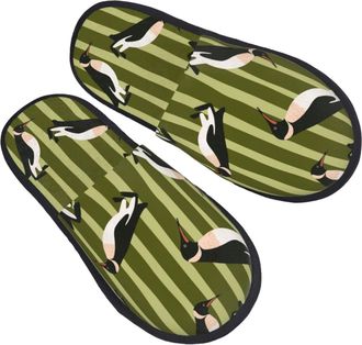 Generic Warm Slipper Cute Penguin And Green Stripe Pattern Home Slipper Breathable House Shoes Unisex Scuff Slippers For Travel Winter Hotel L
