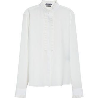 Tom Ford Pliss&eacute; Ruffle Silk Cr&ecirc;pe de Chine Button-Up Shirt in Off White at Nordstrom, Size 8 Us