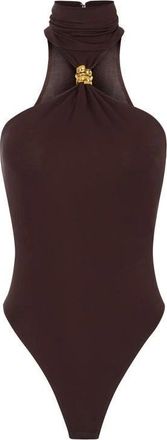 Elisabetta Franchi Tops, Dames, Bruin, 2Xl, Cr&ecirc;pe Jersey Bodysuit met Juweel Detail
