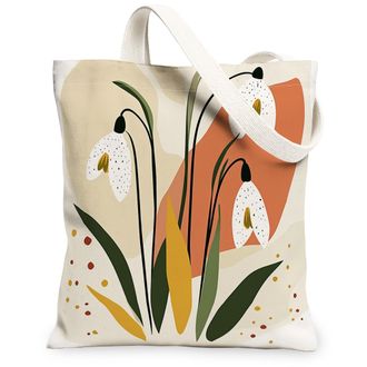 Generic Spring Snowdrops Flower Canvas Tote Bag for Shopping 13x15, Retro Mid Century Florals Reusable Grocery Print Bag for Women, Fun Funky Beach Aesthetic 