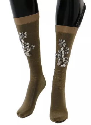 Dolce & Gabbana Gold Stretch Floral Clear Crystal Stocking Womens Socks