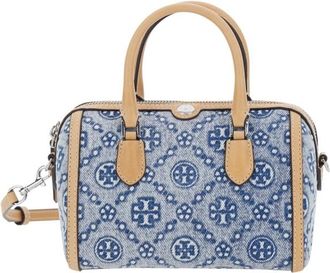 Tory Burch T Monogram Denim Petit Tote Bag With Blue Leather Details For