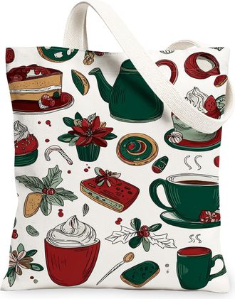 Generic Festive Dessert Canvas Tote Bags, Holiday Treats Pattern Reusable Grocery Bags, Winter Cozy Lightweight Washable Shoulder S, Red, 13x15 Inch