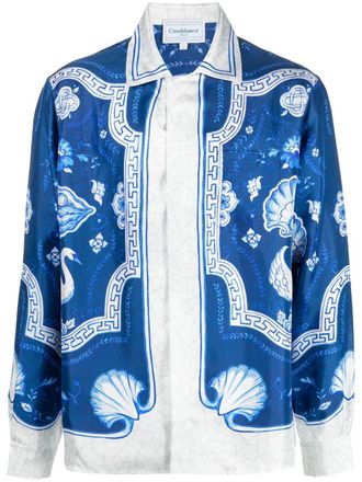 Casablanca embroidered button-down silk shirt - men - Silk - L - Blue