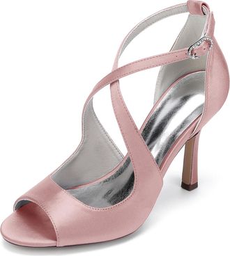 Generic Wedding Bridal Shoes Women Pumps Peep Satin Open Toe Strap Stiletto High Heel Dress Shoes Pumps Office Party Wedding9.5Cm,Flesh Pink,10 UK