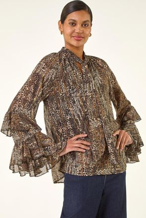 Roman Animal Print Tie Front Flared Top