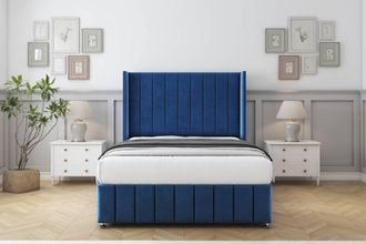 Comfort Beds Serena Plush Divan Base No Drawers - 54 Wingback-Footboard in Navy | Size: Small Single
