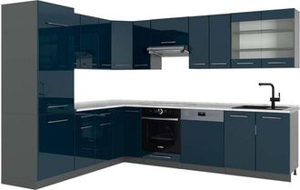 Vicco Cucina angolare completa Fame-Line, Blu scuro lucido/antracite, 227 x 287 cm, PL Marmo, Vicco