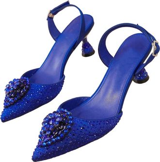 Generic Women Wedding High Heel Pumps Pointed Toe Rhinestone Detail Party Dress Shoes Blue