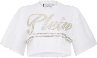 Philipp Plein Cropped T-Shirt Strass Signature - Dames - T-shirts - Wit - S - Katoen - Tops