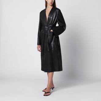 Nour Hammour Cappotto con cintura Ruelle in pelle liscia nero