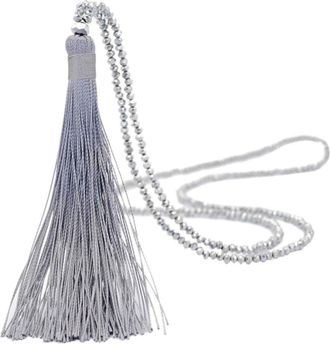 Generic Boho Crystal Glass Drop Beaded Tassel Necklace for Women Long Chain Sweater Pendant Statement Jewelry (Grey, One Size)