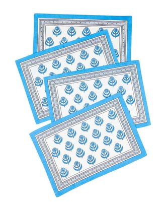 Tiramisu Blue Blooms Block Print Cotton Placemats