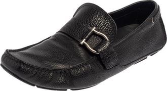 Ferragamo Black Leather Gancio Slip On Loafers