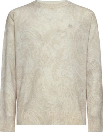 Etro Paisley Motief Wollen Trui - Heren - Ronde hals truien - Beige - XL - Wol - Truien & Vesten