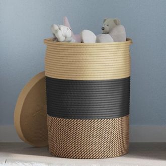 vidaXL Cestino Portaoggetti con Coperchio Nero e Beige &Oslash;37x50cm Cotone - Vidaxl