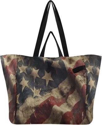 Generic Vintage Usa Flag Beige print Reusable Canvas Tote Bag, Heavy Duty Grocery Shopping Bag with Hard Bottom Large Capacity Double Handles Work Groceries T