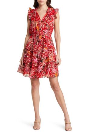 Kobi Halperin Brook Metallic Tie Waist Tiered Silk Blend Dress in Flame Orange Multi at Nordstrom, Size Small