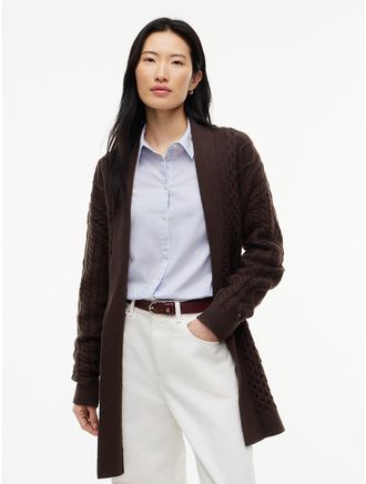Tommy Hilfiger Womens Shawl Collar Cable Knit Long Cardigan - Dark Coffee - XXL