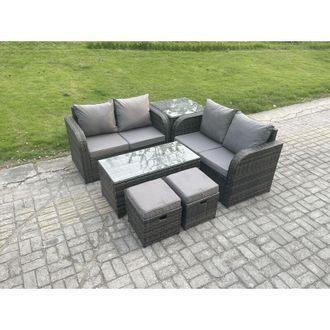 Fimous High Back Rattan Garden Furniture Set with Loveseat Sofa Rectangular Coffee Table 2 Small Footstools Side Table Indoor Outdoor Patio Lounge Sofa Set